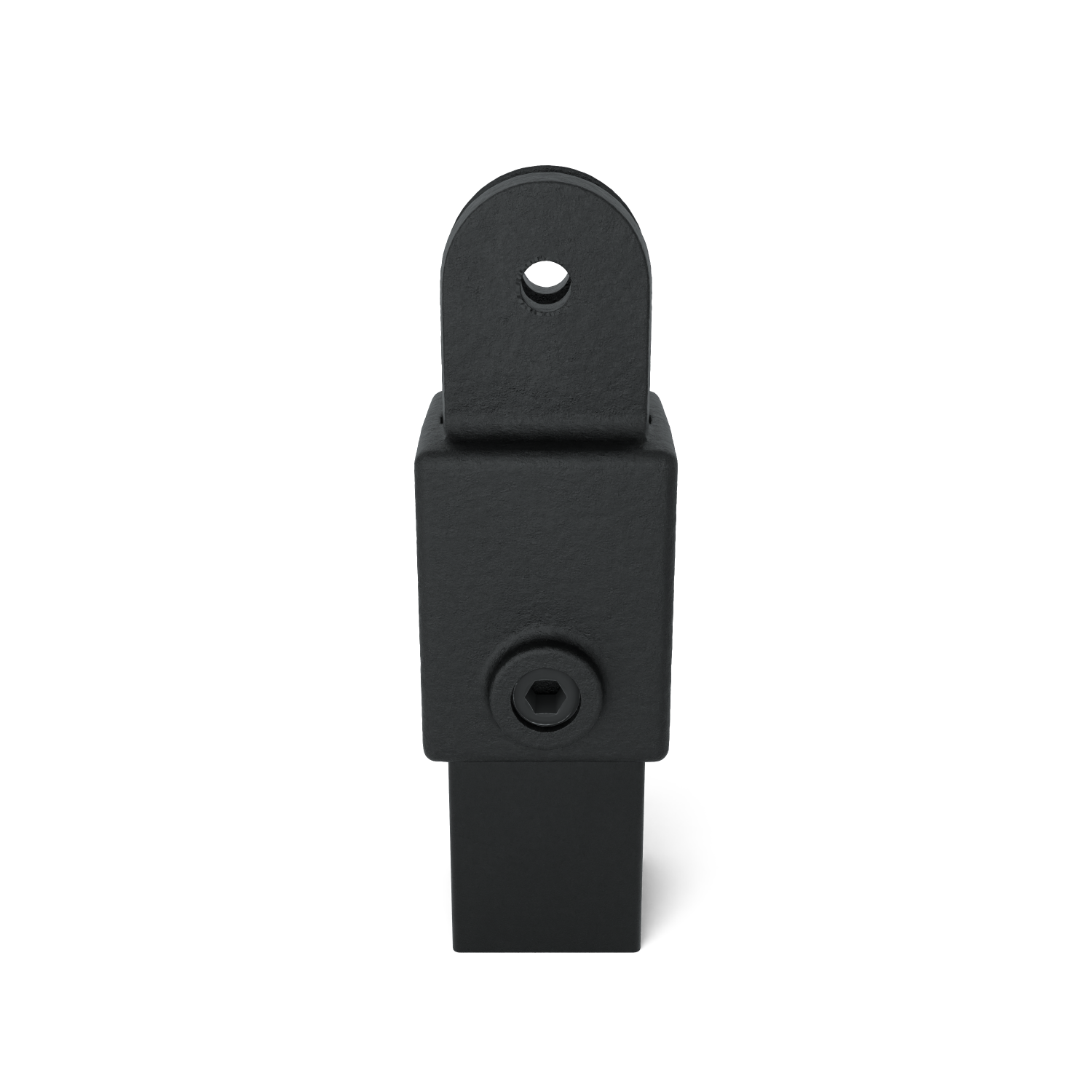 Conector metálico negro mate con vástago cuadrado que se une a un cuerpo en forma de bloque. En la parte delantera, tornillo Allen visible. Lengüeta redondeada en la parte superior con orificio pasante para fijación o giro.