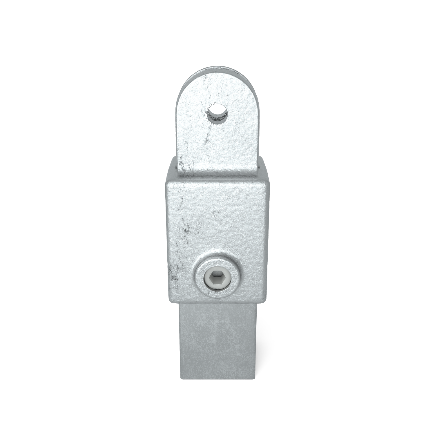 Accesorio metálico galvanizado, textura rugosa plateado mate. Abajo, ranura cuadrada; al centro, bloque con tornillo Allen lateral de fijación; arriba, estribo redondeado con orificio central para unión flexible. Montaje seguro de tubos y perfiles.