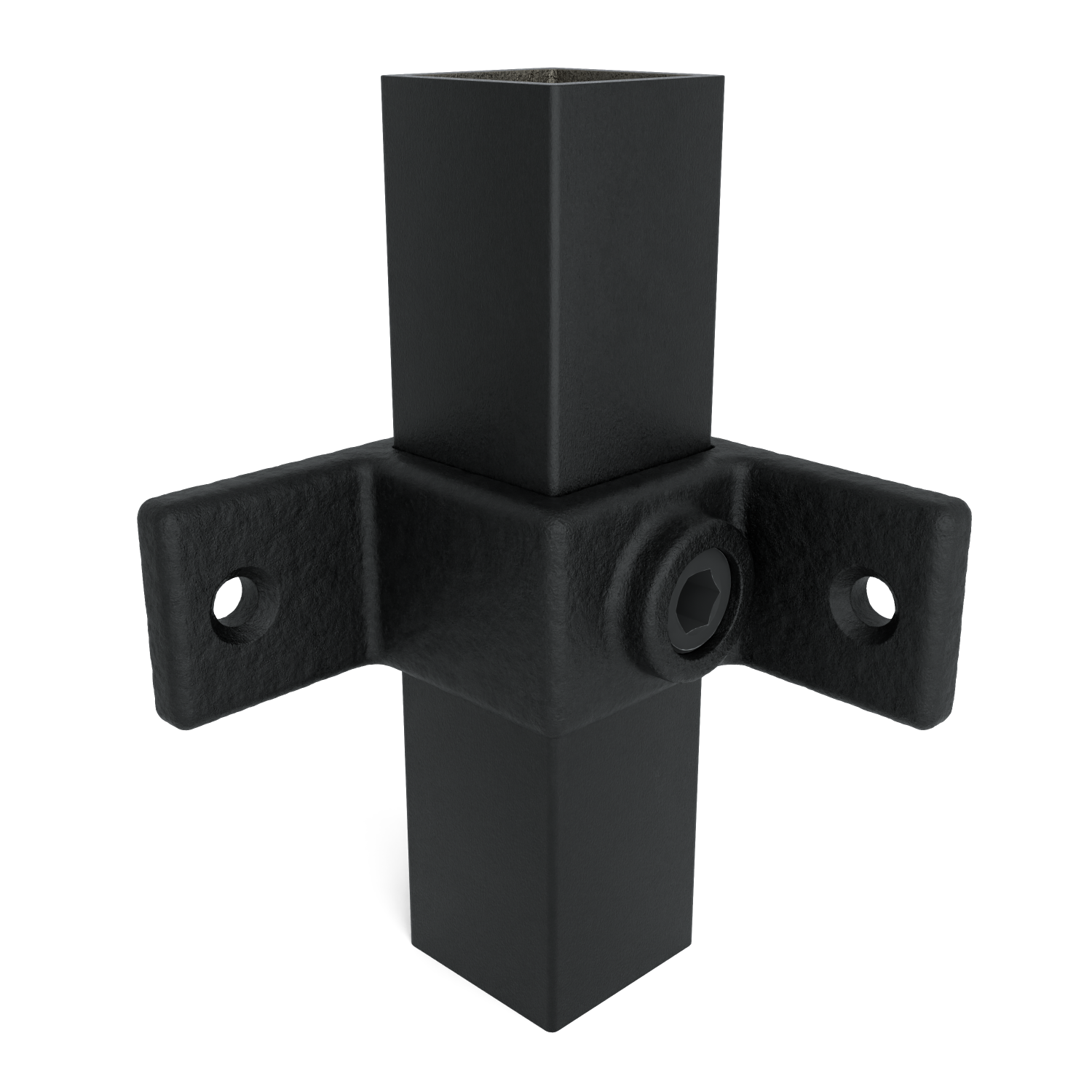 Conector modular para tubos de metal negro con superficie rugosa. Tres elementos tubulares cuadrados en la pieza central: uno hacia arriba, uno hacia abajo y uno lateral. Dos bridas de fijación con orificios, tornillo Allen visible.