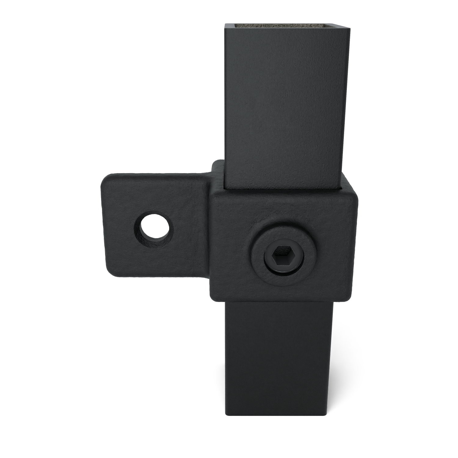 Conector/esquina de metal negro mate con superficie rugosa. Con un elemento vertical cuadrado, visible en la parte superior e inferior. En el centro se cruza un elemento lateral con placa de montaje, orificio redondo y tornillo de cabeza hexagonal.