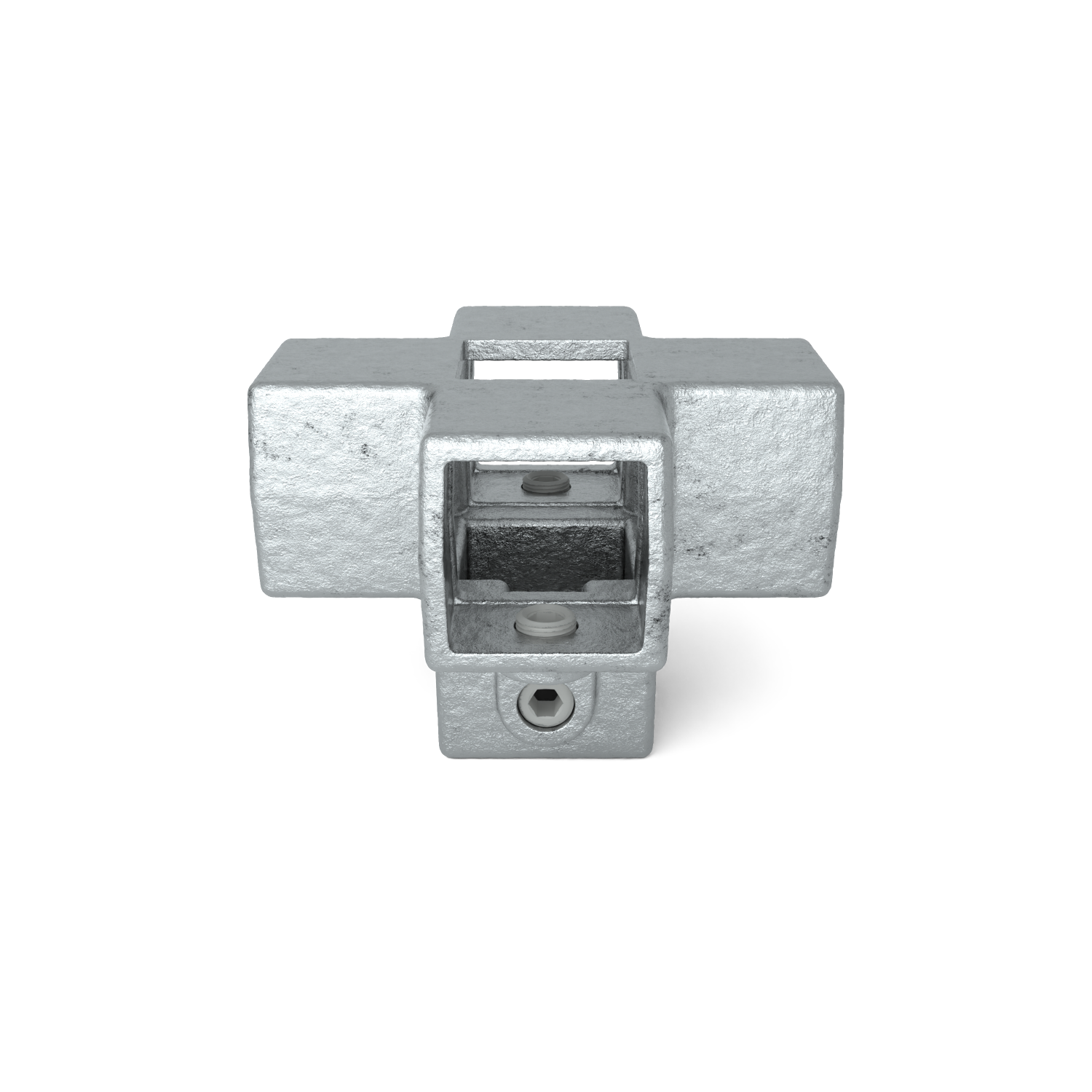 Un robusto conector de tubos en forma de cruz fabricado en acero galvanizado con un acabado rugoso e industrial. Cuenta con cuatro aberturas cuadradas y tornillos Allen visibles para fijar los tubos, ideal para construcciones estables.