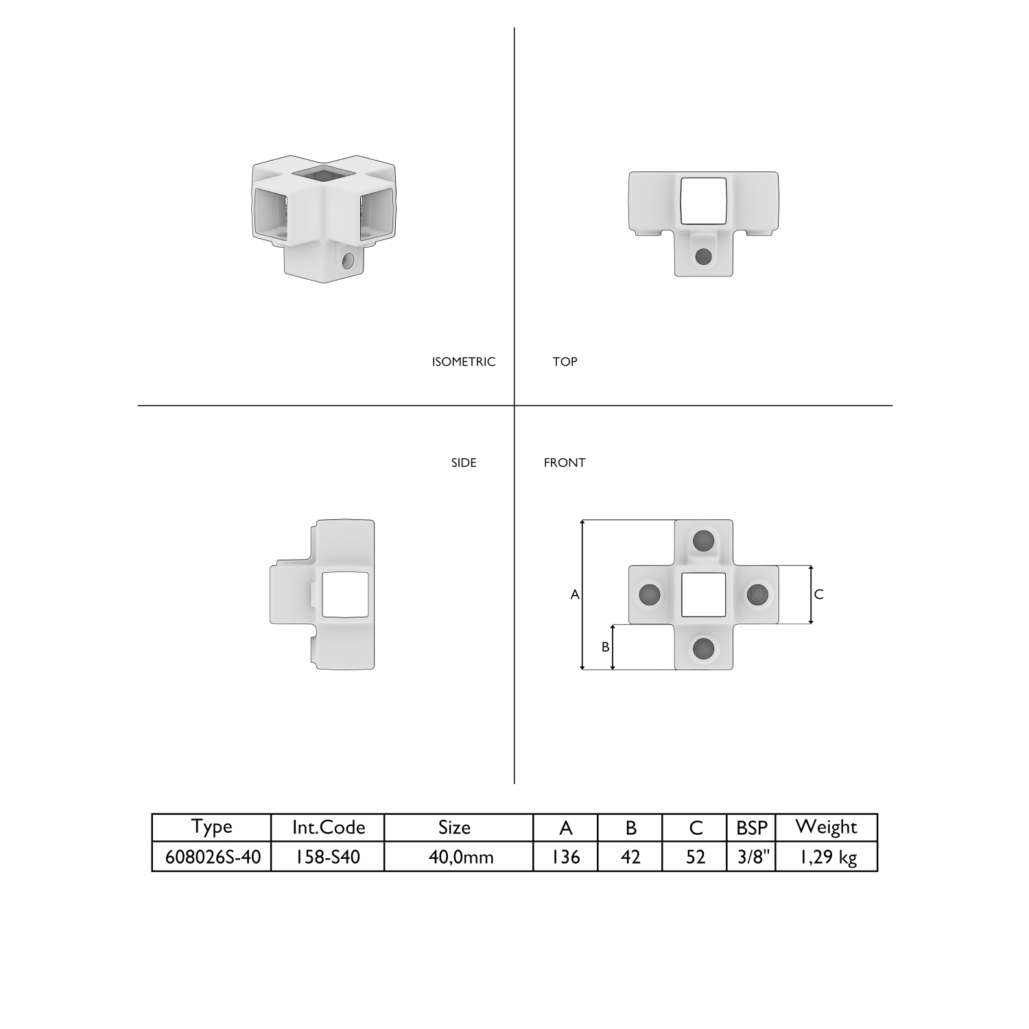 Dibujo técnico de un conector de tubos blanco con forma de cubo. Cuatro vistas (isométrica, superior, lateral y frontal) muestran varias aberturas cuadradas y un orificio central. Vista frontal con cotas; tabla con especificaciones.