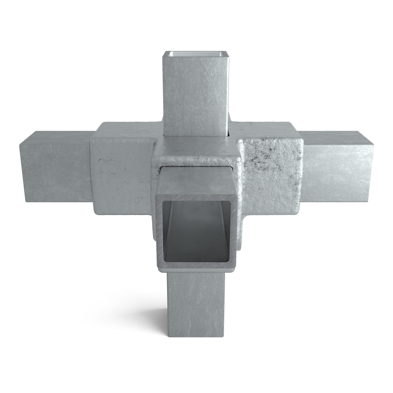 Unión en cruz metálica de cinco perfiles huecos cuadrados entrelazados: uno vertical cruza a uno horizontal, con perfiles horizontales cortos a ambos lados. Mate, ligeramente texturizado, gris claro, sobre fondo blanco con sutil sombreado.