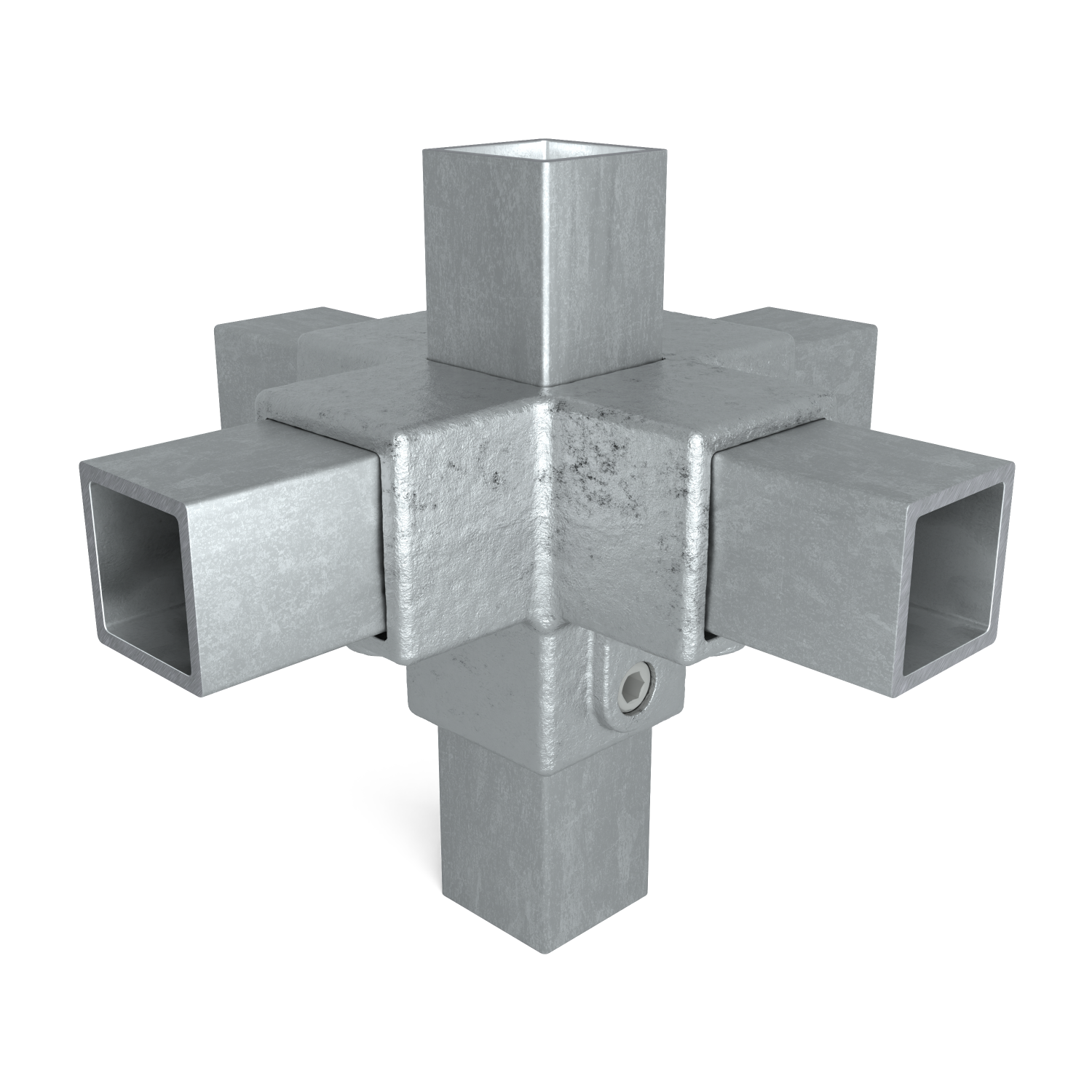 Resistente conector metálico gris, diseñado para unir seis perfiles huecos cuadrados en un ángulo de 90°. Permite crear estructuras de marcos 3D estables; superficie mate y ligeramente texturizada, tipo acero galvanizado. Incluye pernos.