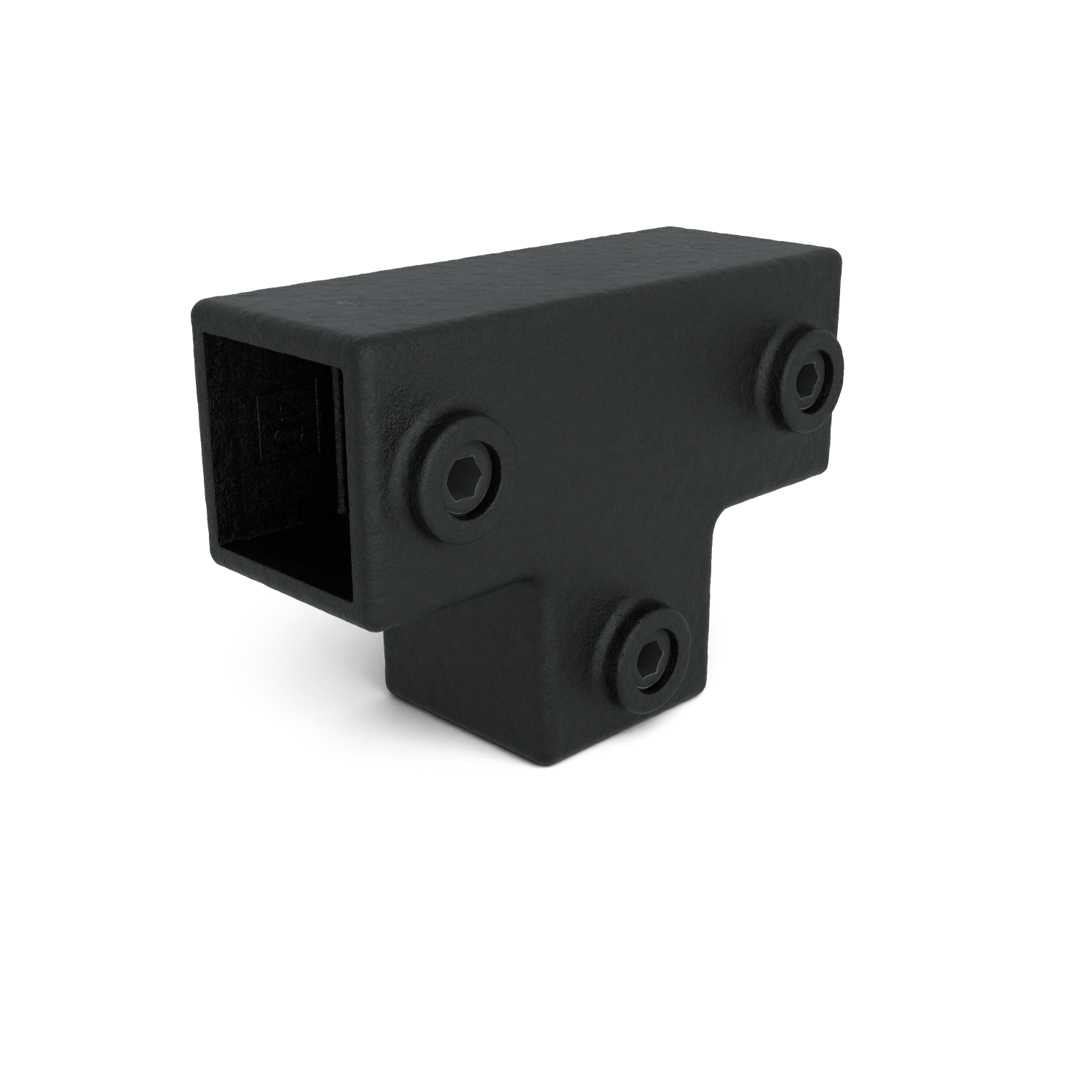 T-conector metálico negro con acabado mate para unir tubos cuadrados. Con tres tornillos hexagonales empotrados en el exterior para su fijación. Superficie robusta y rugosa, lo que sugiere un uso industrial.