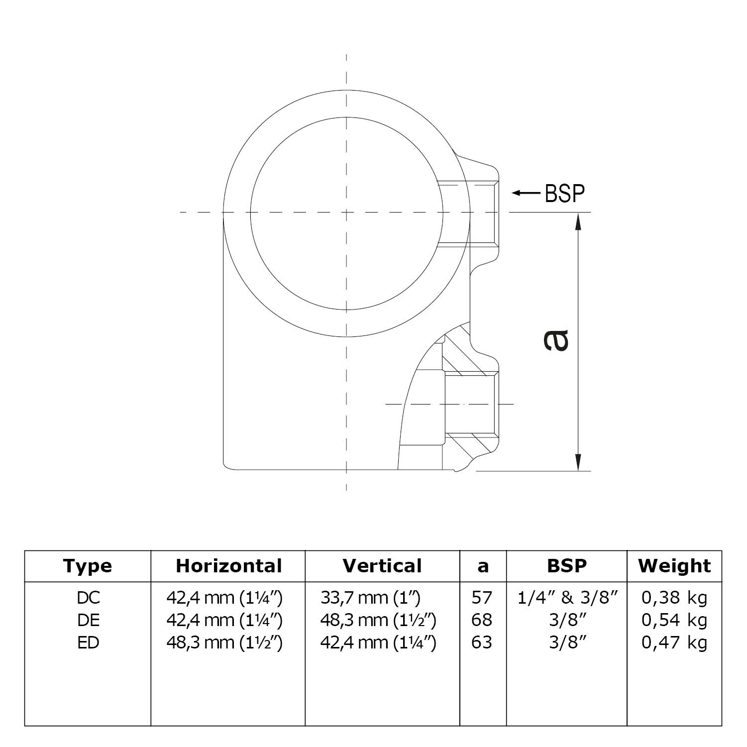 Pieza en T corta. Dimensión de la combinación Horizontal 42,4 mm (1¼") - Vertical 33,7 mm (1")