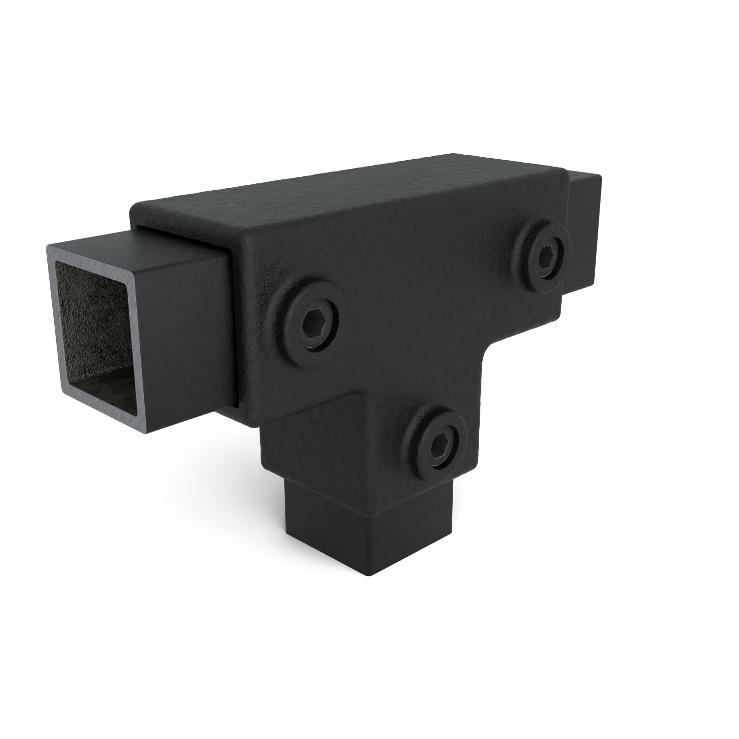 Conector de tubos en forma de T negro para perfiles cuadrados con superficie rugosa y mate. Tres tornillos hexagonales visibles fijan los tubos. Un tubo horizontalmente desde la izquierda y otro verticalmente hacia abajo. Robusto.