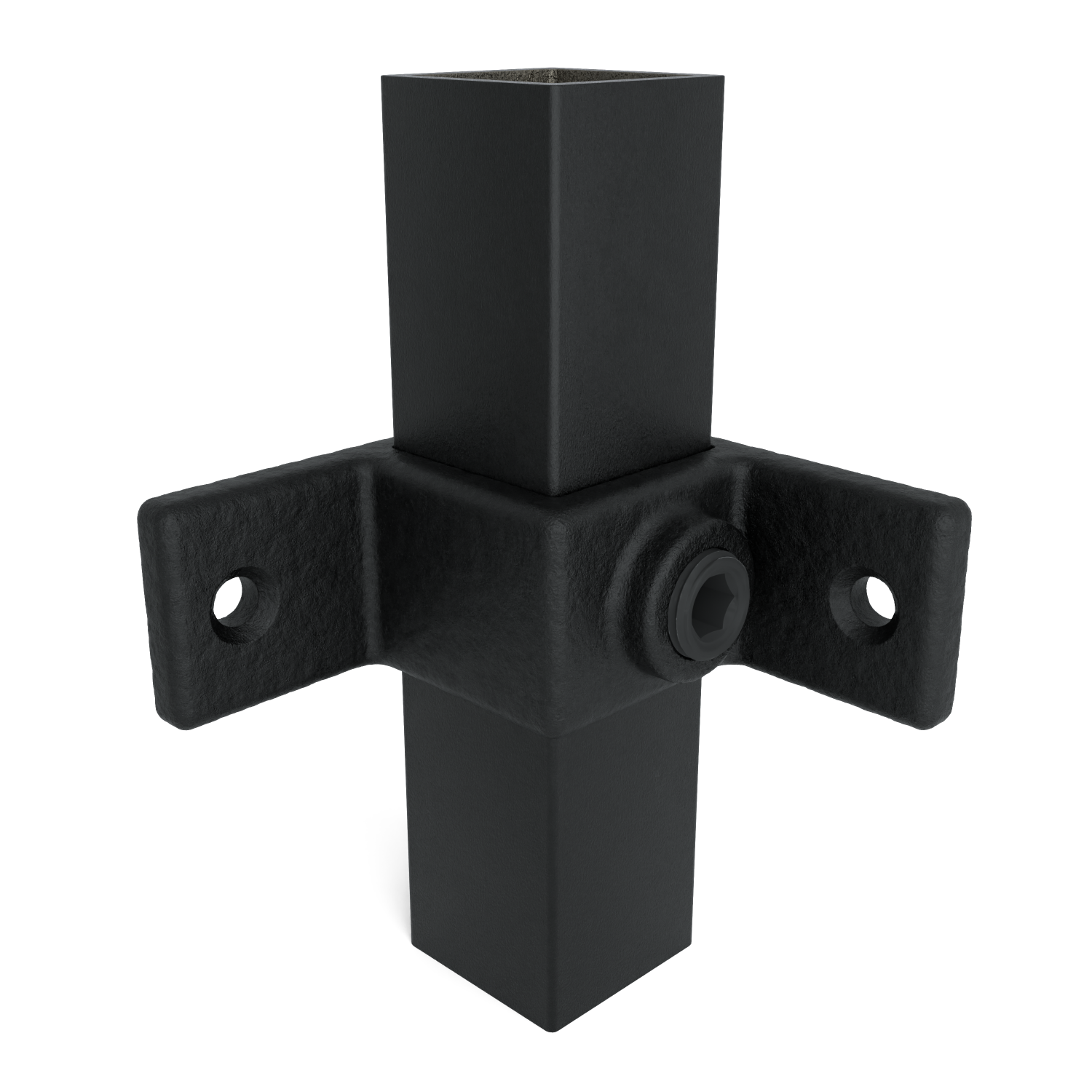 Conector de esquina negro para perfiles cuadrados, que une un pilar vertical con dos brazos horizontales. Brazos con orificios de fijación, sujetos mediante tornillos Allen visibles. Superficie mate y ligeramente rugosa.