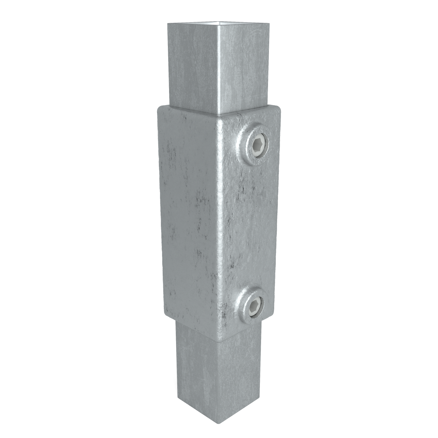 Conector metálico vertical y cuadrado de metal gris plateado mate con una textura ligeramente rugosa. Une dos tubos cuadrados que sobresalen por la parte superior e inferior. La parte central alargada tiene dos tornillos Allen en la parte delantera.