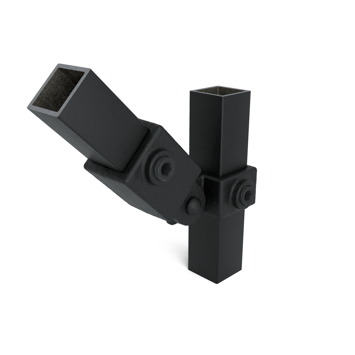 Conector articulado negro mate para tubos cuadrados, mantiene dos perfiles en ángulo. Un tubo en vertical y el otro en diagonal hacia la izquierda y abajo. Fijado con tornillos hexagonales, superficie de grano fino.