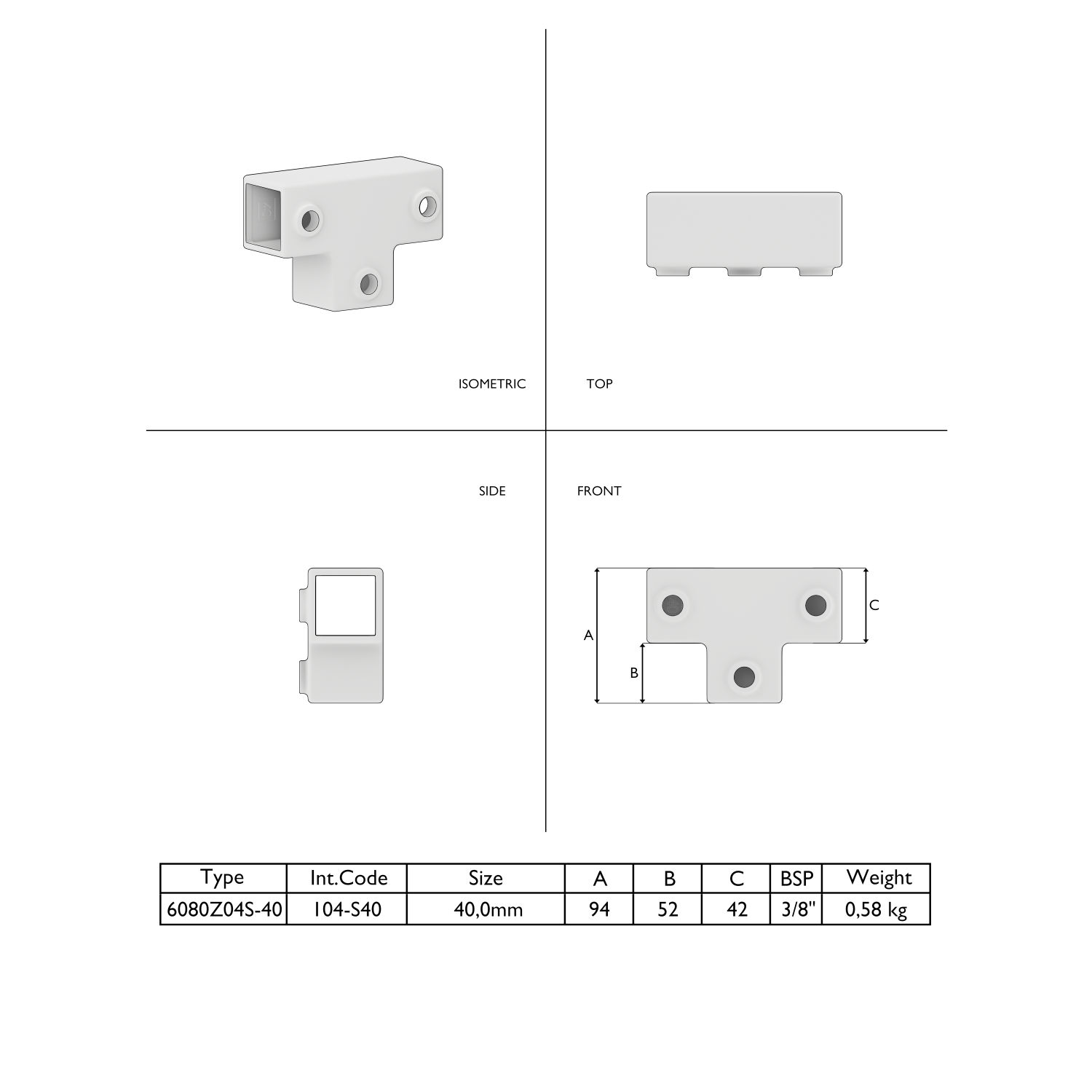 Diagrama técnico de un conector de tubos en forma de T de color blanco en vista isométrica, superior, lateral y frontal. Componente con abertura cuadrada y tres orificios de montaje redondos. Tabla con las medidas A, B y C, el tamaño y el peso.