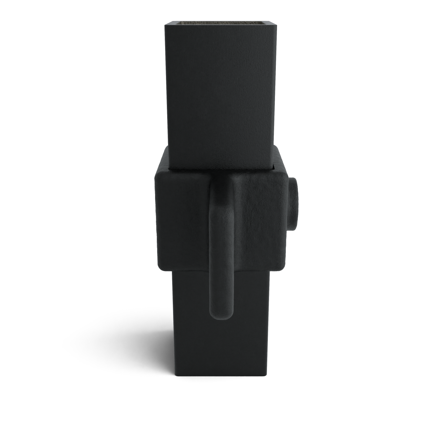 Objeto modular negro de formas geométricas apiladas: paralelepípedo ancho como cuerpo, con asa redonda y protuberancia cilíndrica. Arriba, paralelepípedo más estrecho y abierto. Superficie mate texturizada con sombras.