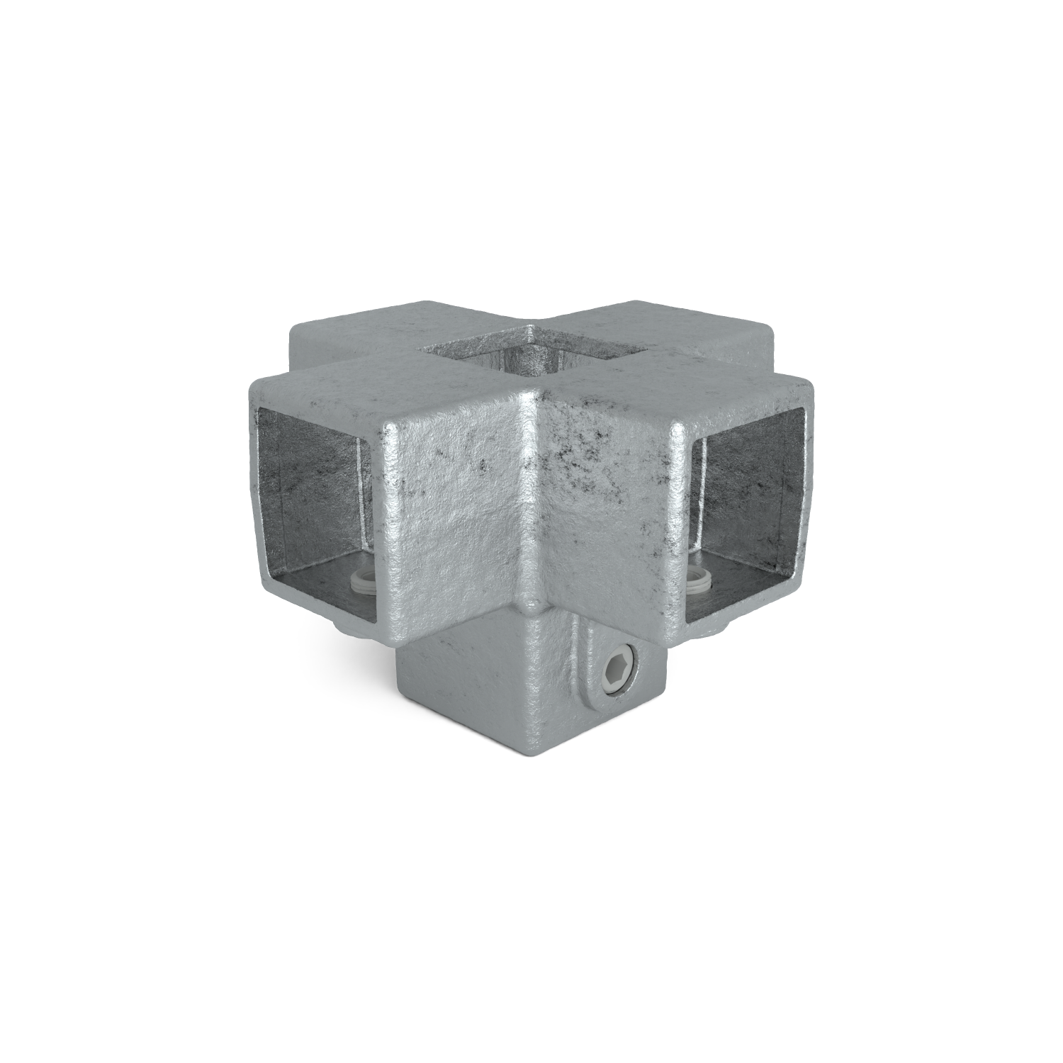 Un robusto conector de tubos en forma de cruz, fabricado en metal galvanizado con superficie rugosa. Presenta cuatro aberturas cuadradas dispuestas en ángulo recto entre sí y está equipado con tornillos Allen laterales para la fijación de tubos.
