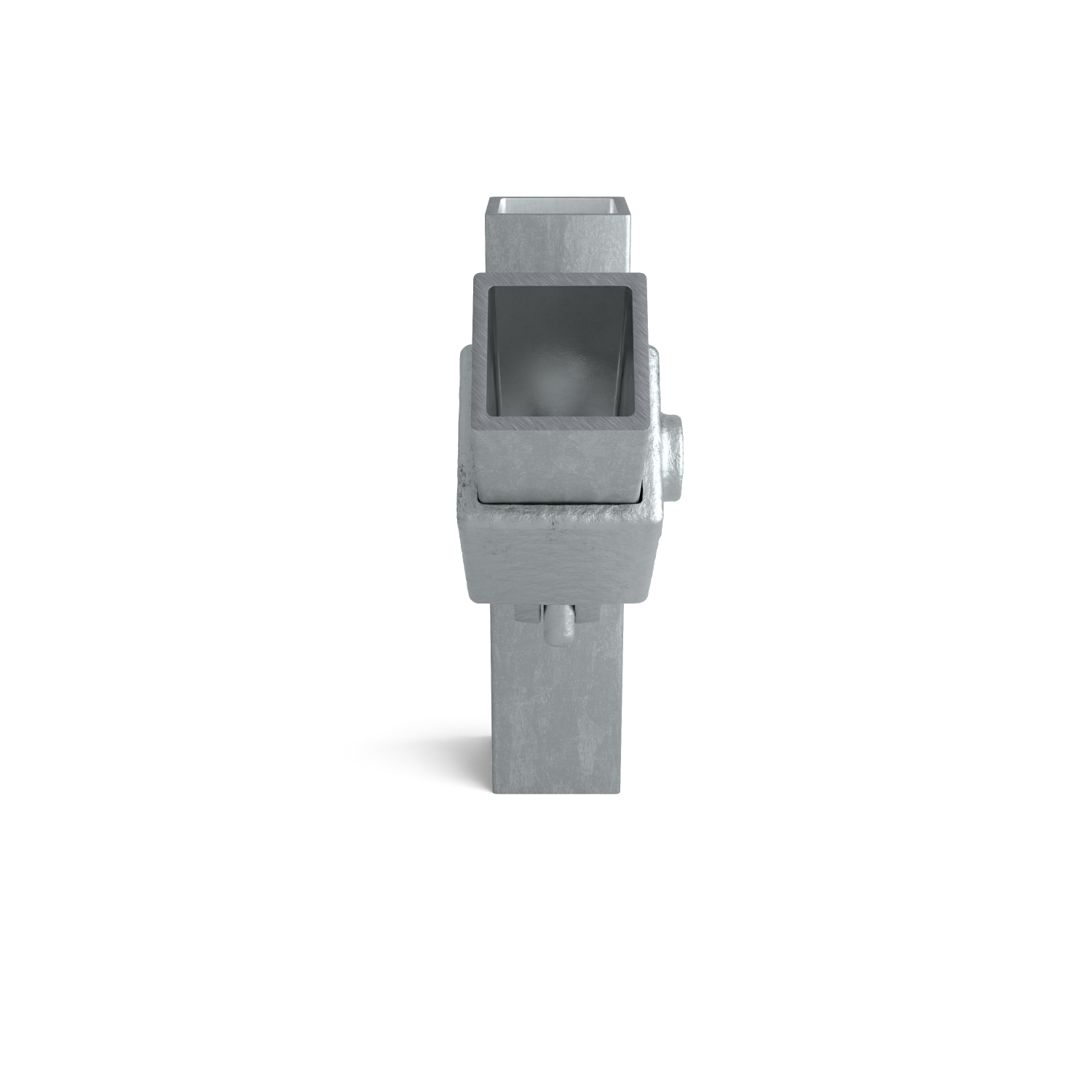 Conector metálico galvanizado con aberturas rectangulares cruzadas para un perfil cuadrado vertical y otro horizontal. Pernos laterales. Gris mate, ligeramente texturizado, fondo blanco.