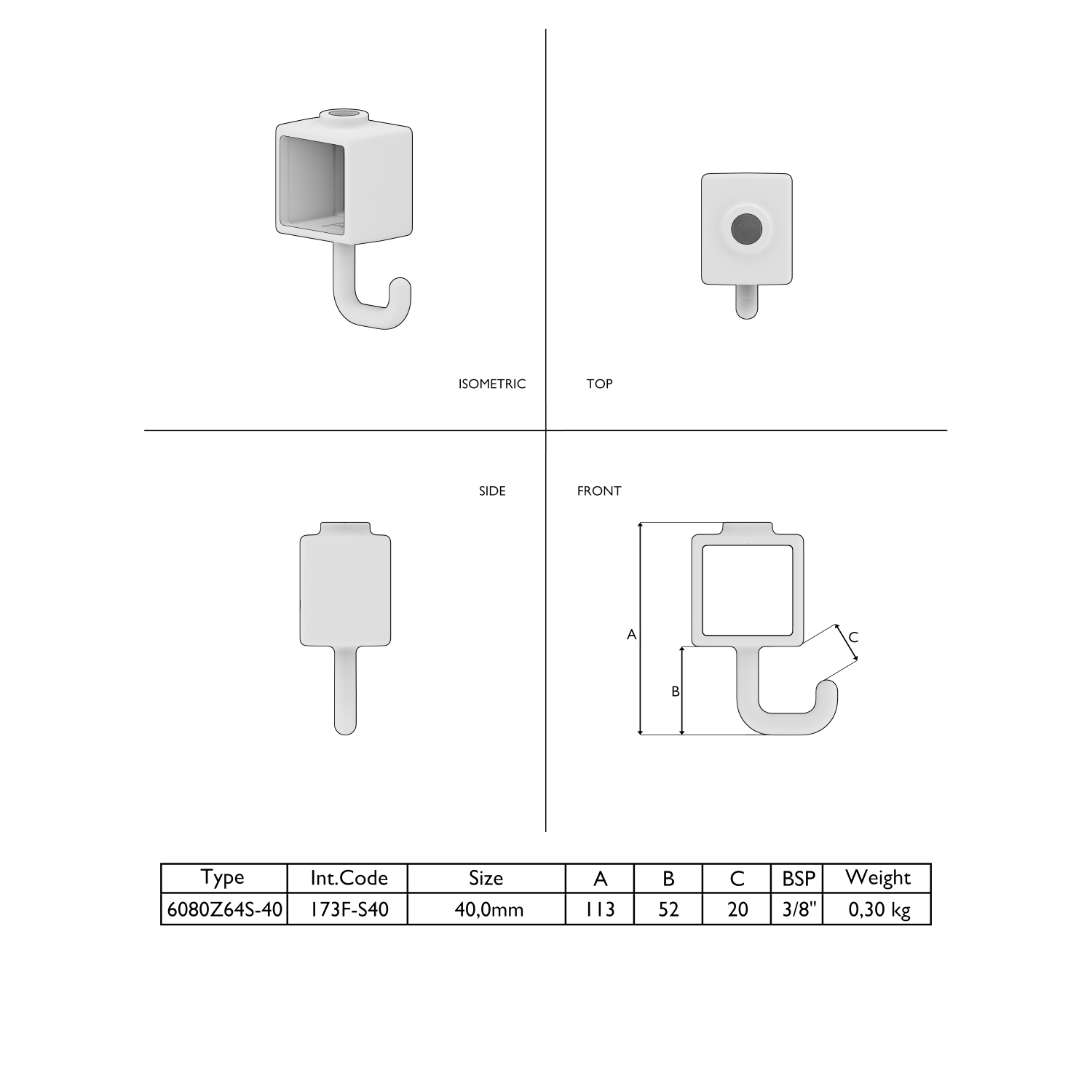 Diagrama técnico de un gancho de suspensión cuadrado blanco en vista isométrica, superior, lateral y frontal con las cotas A, B y C. Hueco en forma de U, curvado en la parte inferior. Tabla con tipo, tamaño y peso.