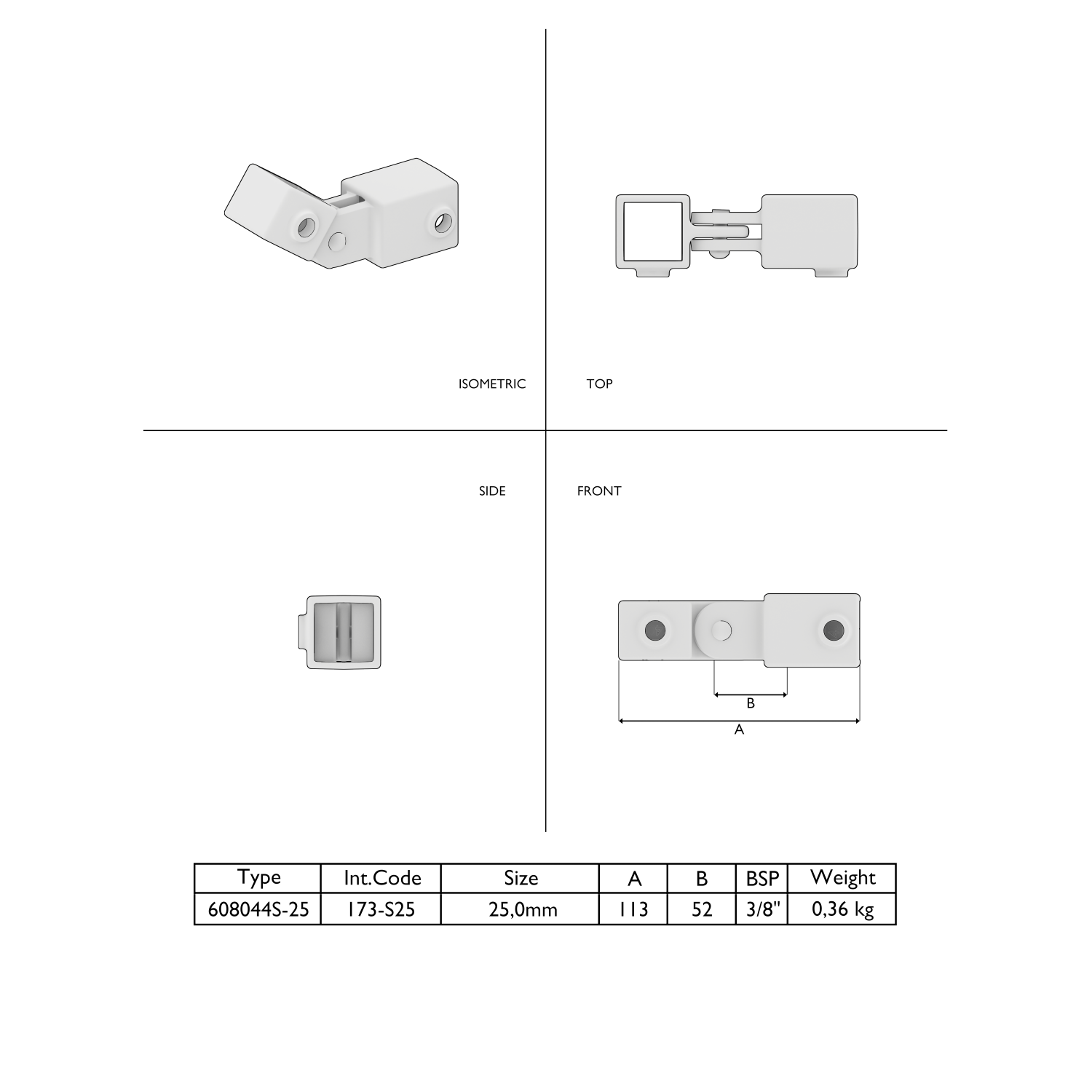 Dibujo técnico de un conector blanco giratorio en cuatro vistas (isométrica, superior, lateral y frontal) con orificios para tornillos, mecanismo de articulación, abertura cuadrada, cotas y tabla con el tipo, el tamaño y el peso.