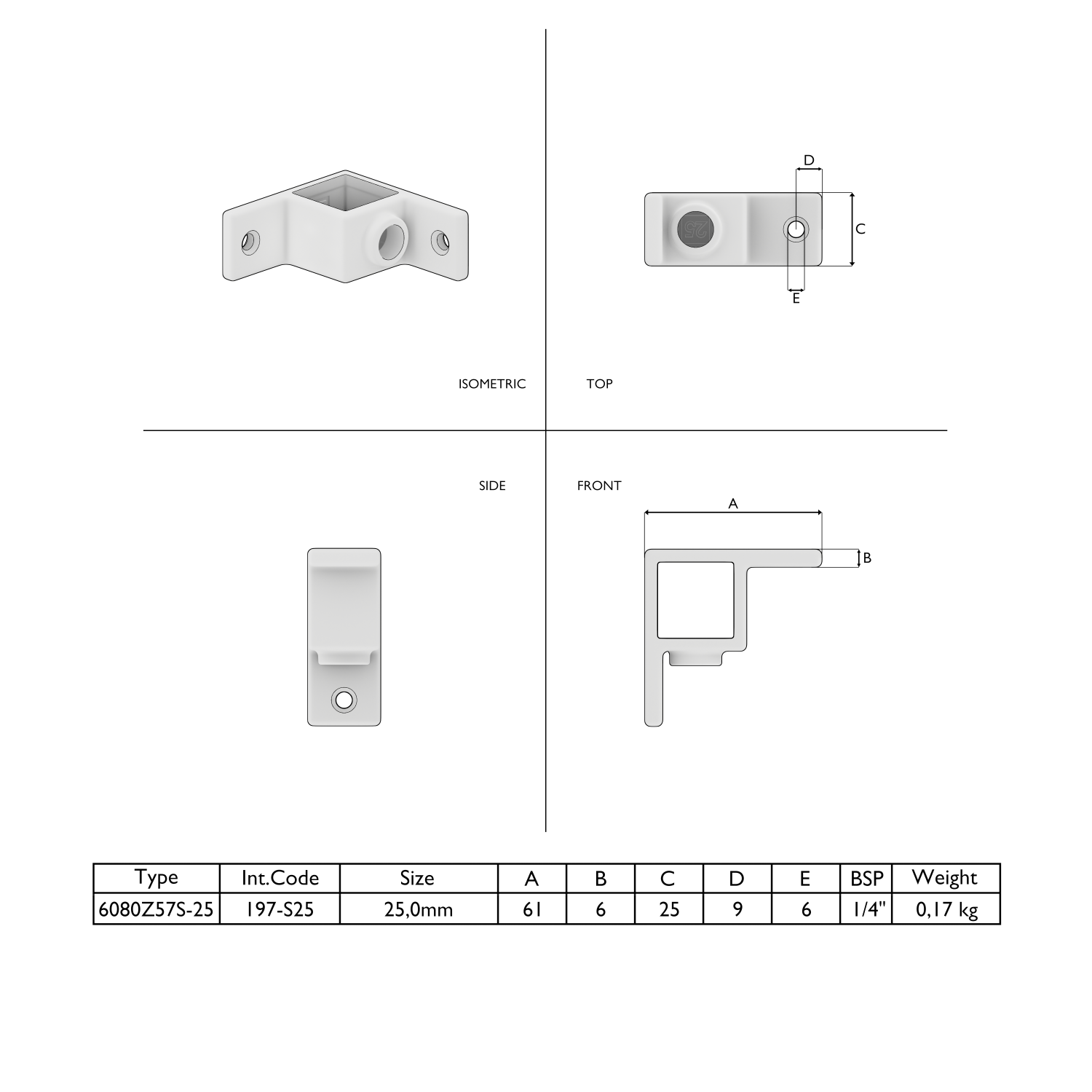 Dibujo técnico de un elemento de unión en L blanco con abertura cuadrada, orificio roscado y 2 orificios de fijación. Vista isométrica y vistas superior, lateral y frontal con cotas A–E. Tabla: tipo, tamaño, dim., BSP, peso.
