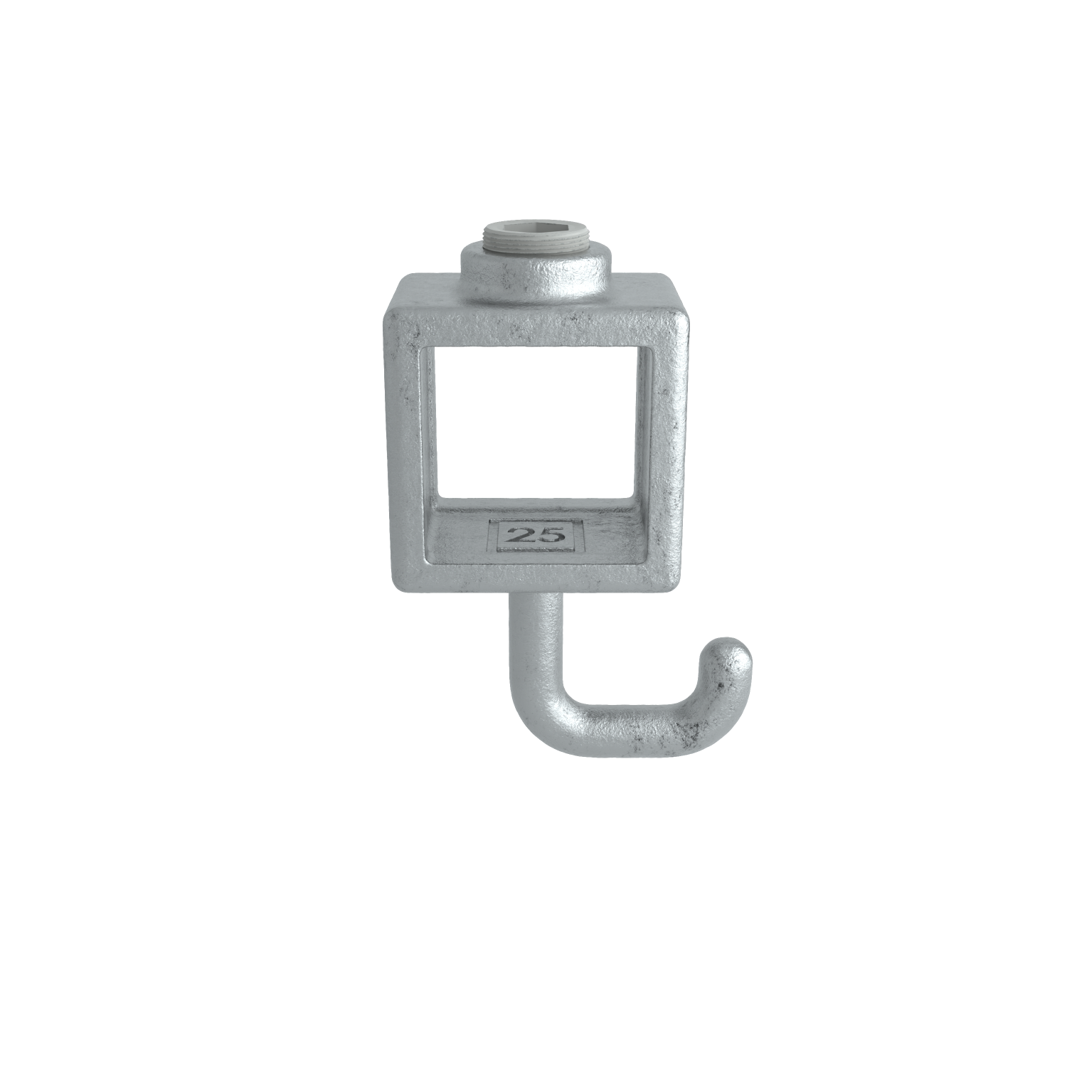 Soporte de gancho metálico galvanizado gris plateado, con parte superior rectangular resistente y recorte cuadrado. Arriba, conexión roscada; dentro, número «25» grabado. Debajo, gancho macizo curvado a la derecha. Acabado industrial rugoso.