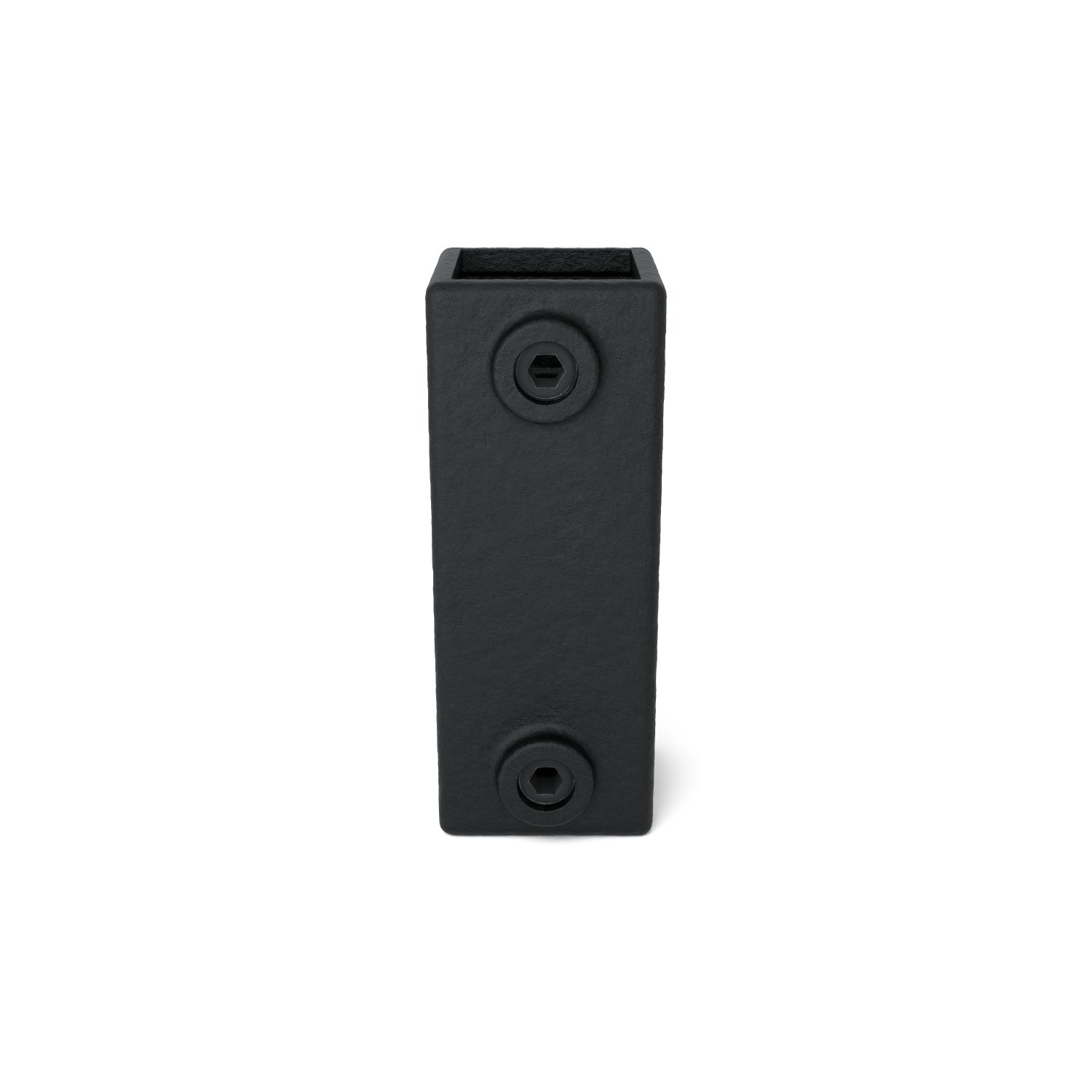 Elemento de unión metálico rectangular negro, acabado mate ligeramente texturizado. Dos cabezas de tornillo hexagonales empotradas al frente (arriba y abajo). Sobre fondo blanco con sombra sutil; sirve para unir o fijar.