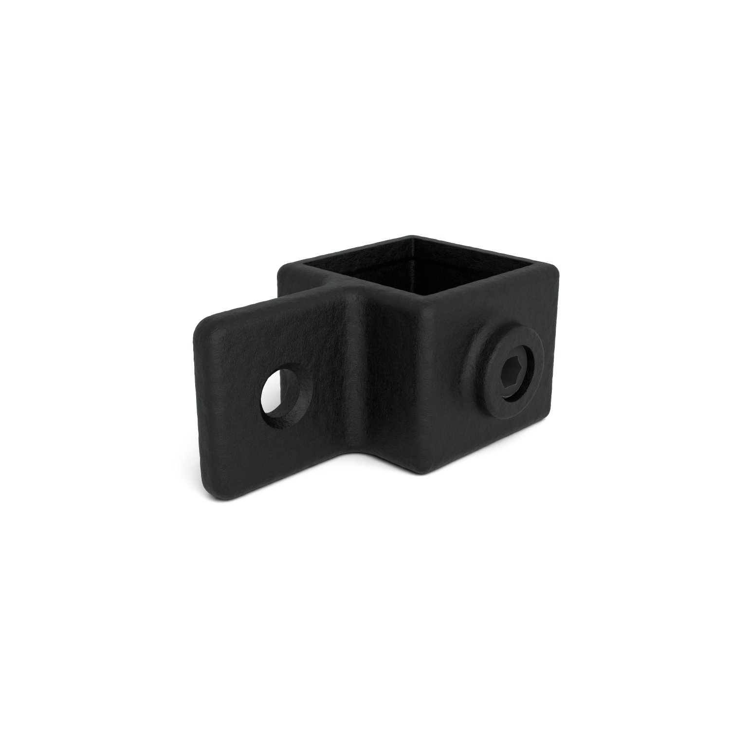 Racor de esquina negro mate con abertura cuadrada. Extensión lateral con orificio redondo; en el lado opuesto, alojamiento hexagonal rebajado para un tornillo. Componente robusto para unir perfiles.