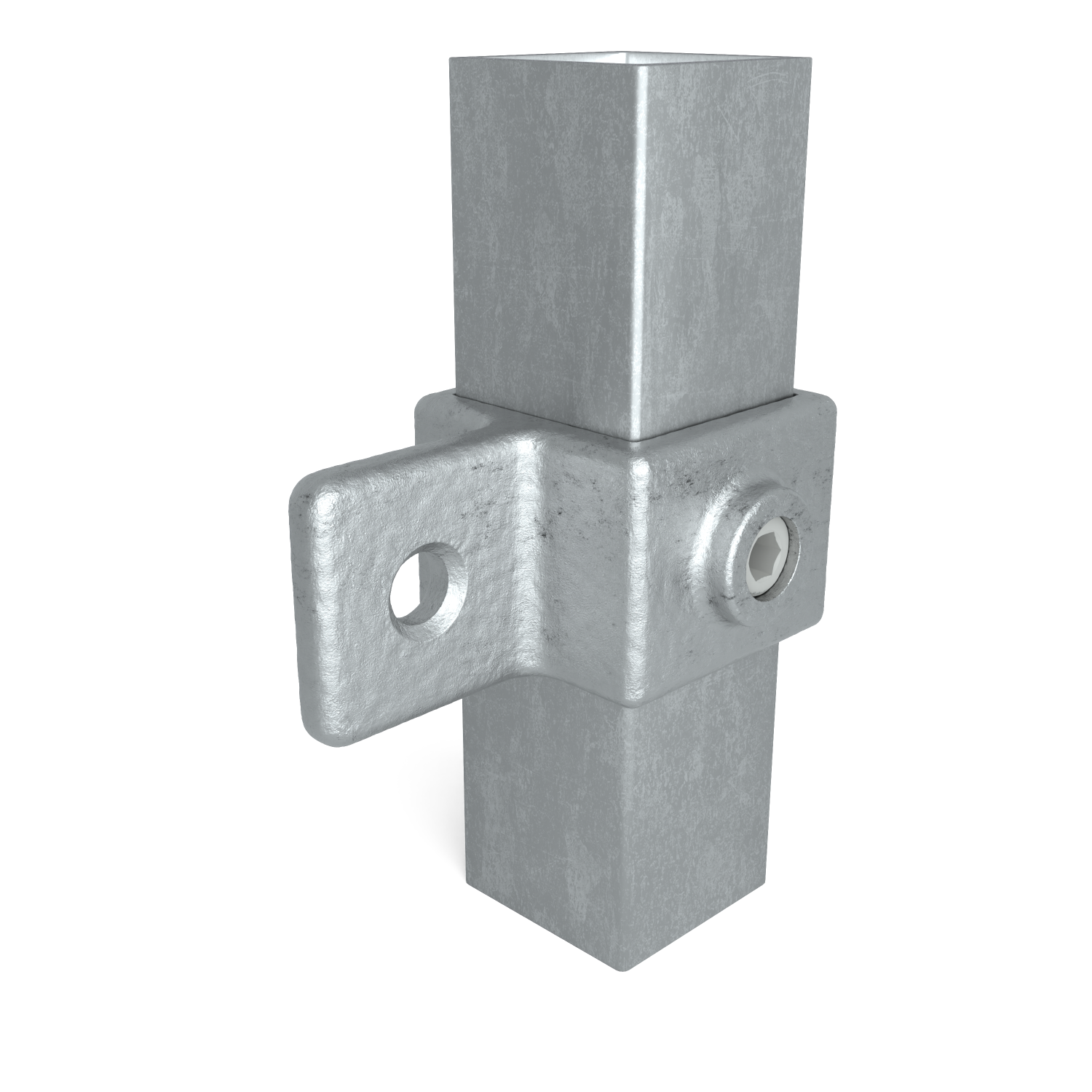 Conector metálico plateado para tubos cuadrados, que une dos tubos en vertical. A media altura sobresale lateralmente un soporte en forma de L con un orificio redondo. Se fija con un tornillo hexagonal. Superficie ligeramente rugosa.