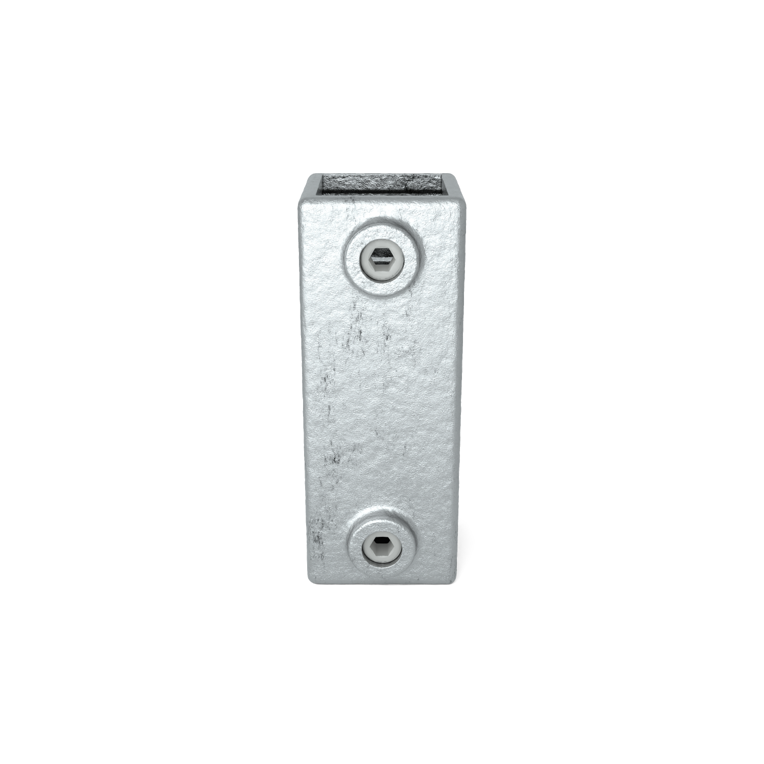 Elemento de unión metálico rectangular, gris plateado, vertical, con superficie rugosa y texturizada. Dos tornillos hexagonales al frente (arriba y abajo) y una abertura cuadrada superior que muestra el interior hueco.