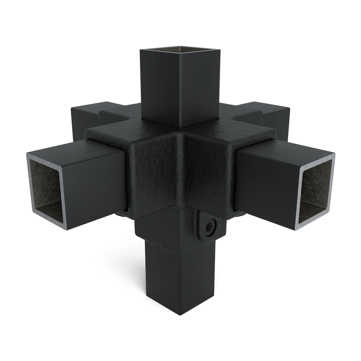 Conector de 6 vías negro mate para tubos cuadrados, que sobresale en los tres ejes del espacio y forma una estructura en forma de estrella. Cada uno de los seis tubos cuadrados tiene una abertura hueca. Pernos de fijación visibles lateralmente.