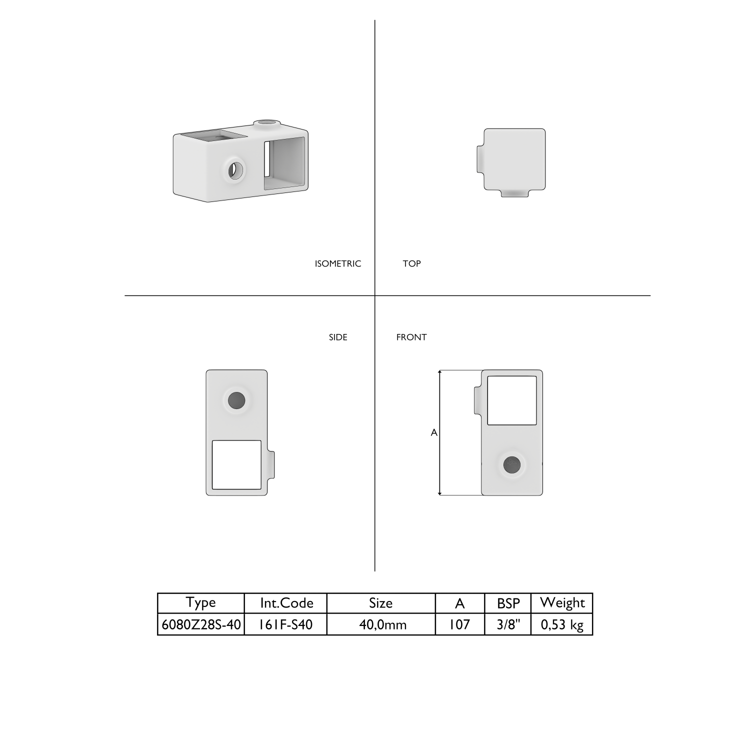 Componente rectangular gris mostrado en 4 vistas: isométrica, superior, lateral y frontal. Con abertura rectangular, orificio redondo y muescas. Tabla inferior: tipo, dimensión 40,0 mm, peso 0,53 kg.