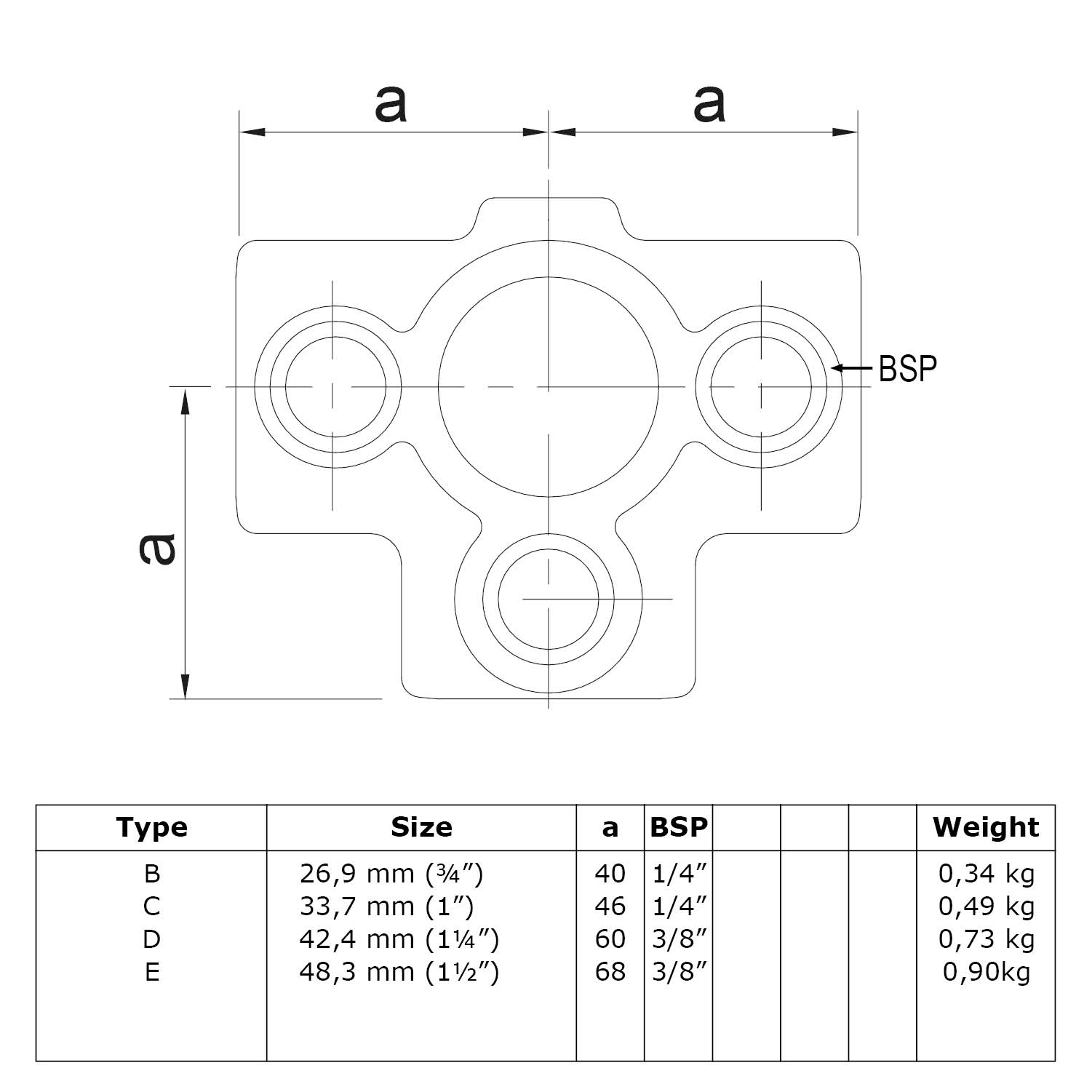 Pieza en T para tubo de soporte, negra 48,3 mm (1½")