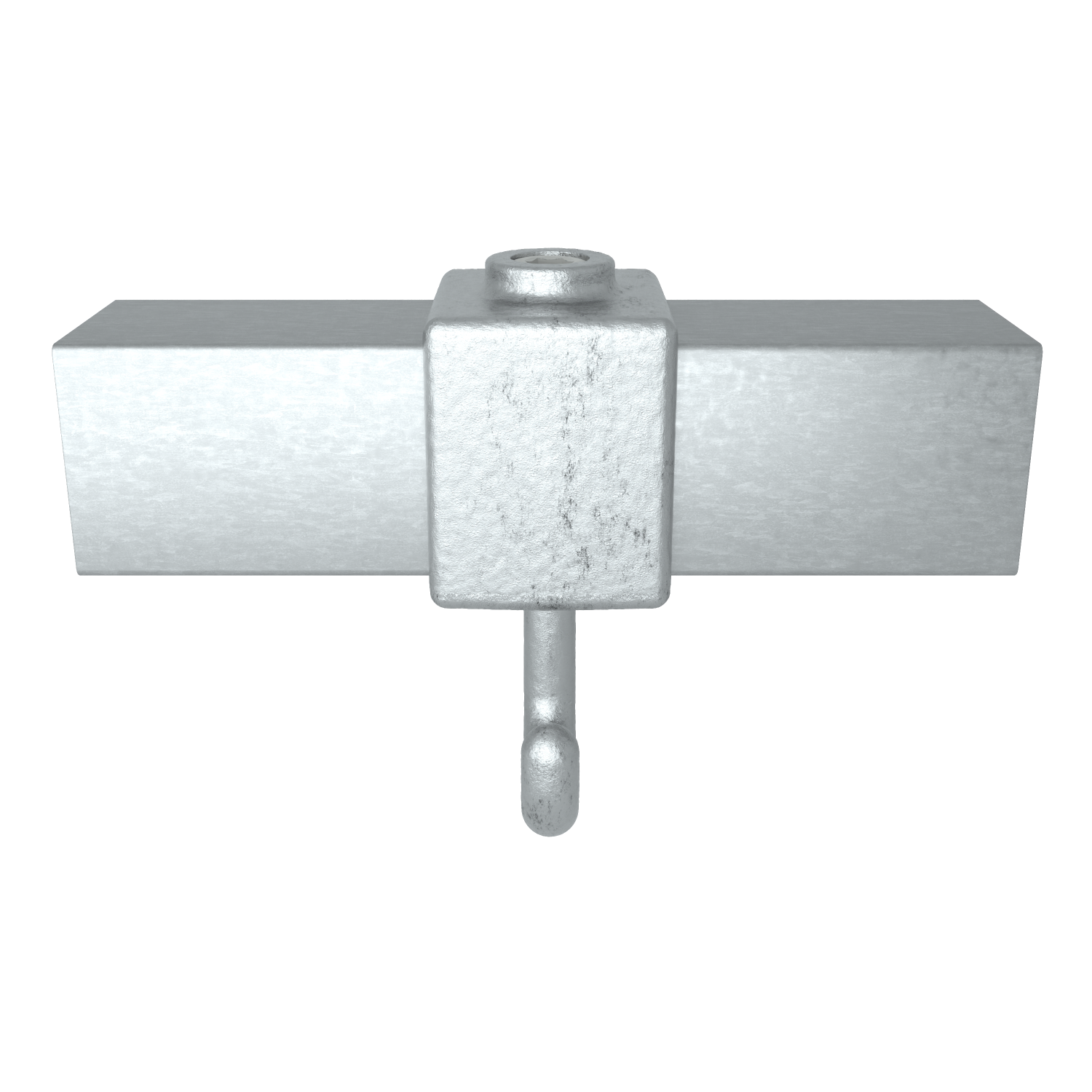 Elemento de fijación metálico plateado sobre fondo blanco. Bloque central con tornillo arriba y gancho debajo. A los lados, dos barras rectangulares que sugieren sujeción. Superficie mate, ligeramente rugosa.