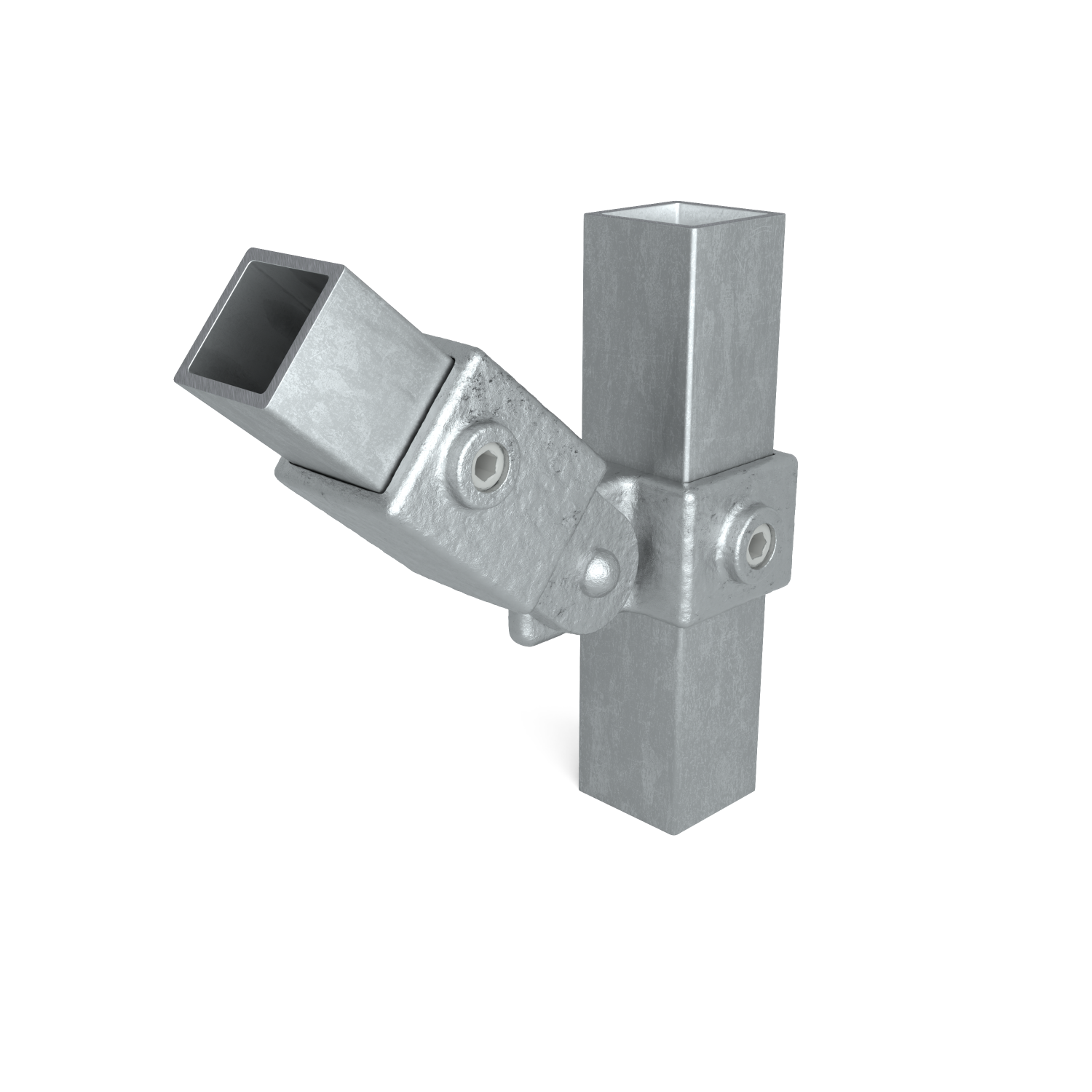 Conector de tubos metálico galvanizado de color gris que une dos tubos cuadrados. Uno de los tubos está en posición vertical y el otro en diagonal hacia la parte inferior izquierda. Fijado con tornillos visibles, superficie mate rugosa.
