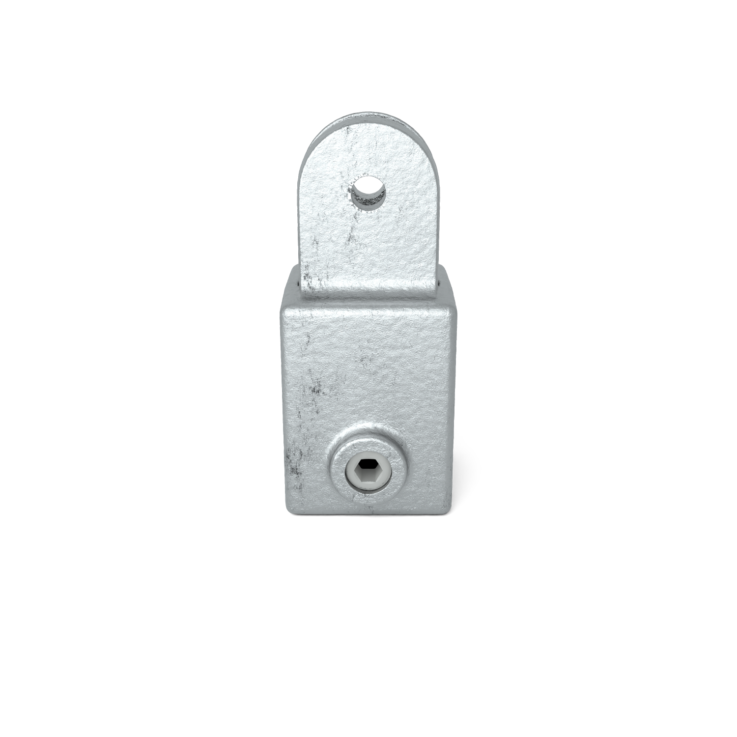 Accesorio metálico robusto, rugoso y galvanizado. Base prismática con tornillo de cabeza hexagonal visible y soporte redondeado saliente con orificio circular como articulación/punto de fijación. Recortado en fondo blanco.