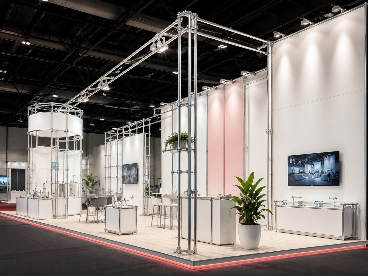 Stand ferial moderno: estructura tubular, paneles blancos con luz roja, suelo madera clara con brillo rojo perimetral. Mostradores, asientos, plantas y pantallas; columna expositora a la izquierda.