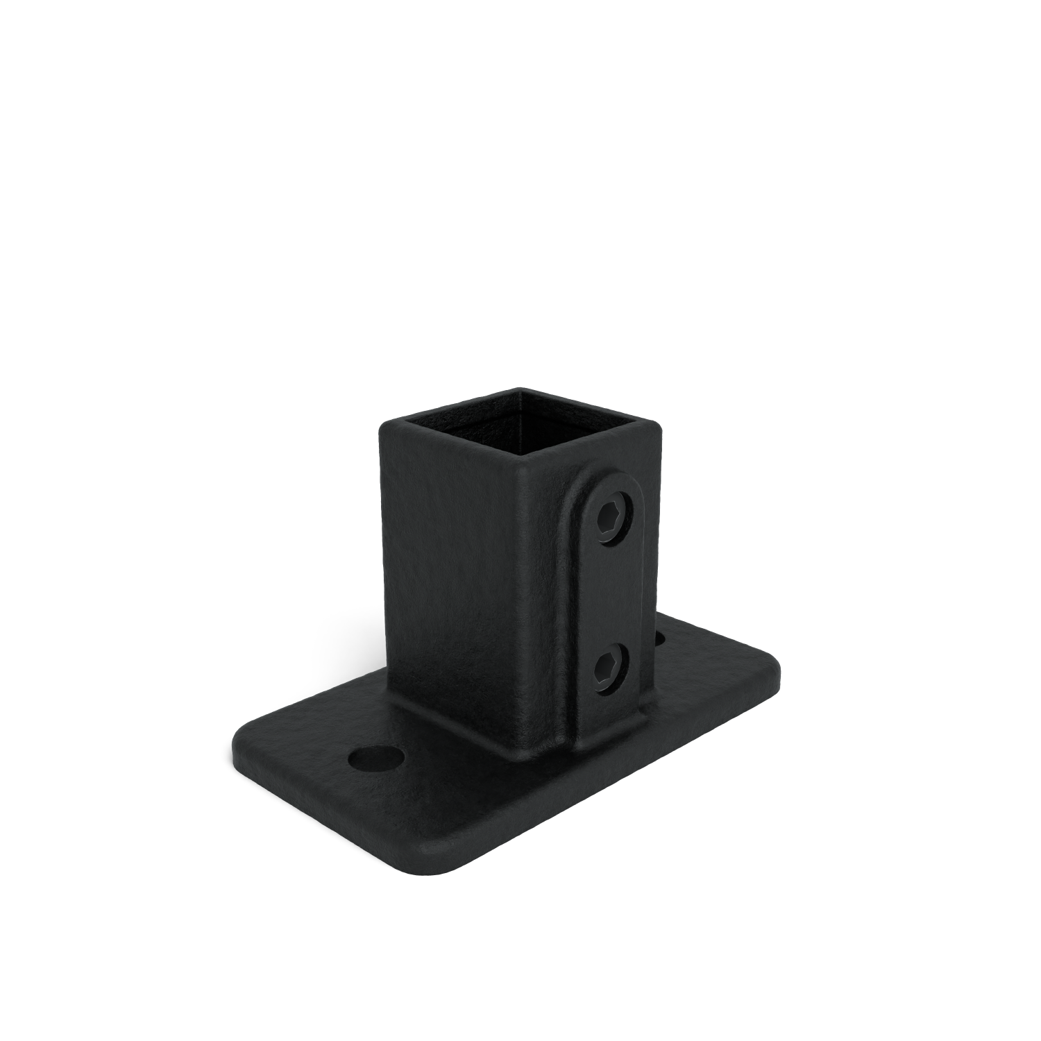 Elemento de unión metálico negro y texturizado con perfil hueco cuadrado y base rectangular plana con dos orificios de fijación. En los laterales, dos tornillos Allen sugieren una unión giratoria; conector de esquina o extremo.