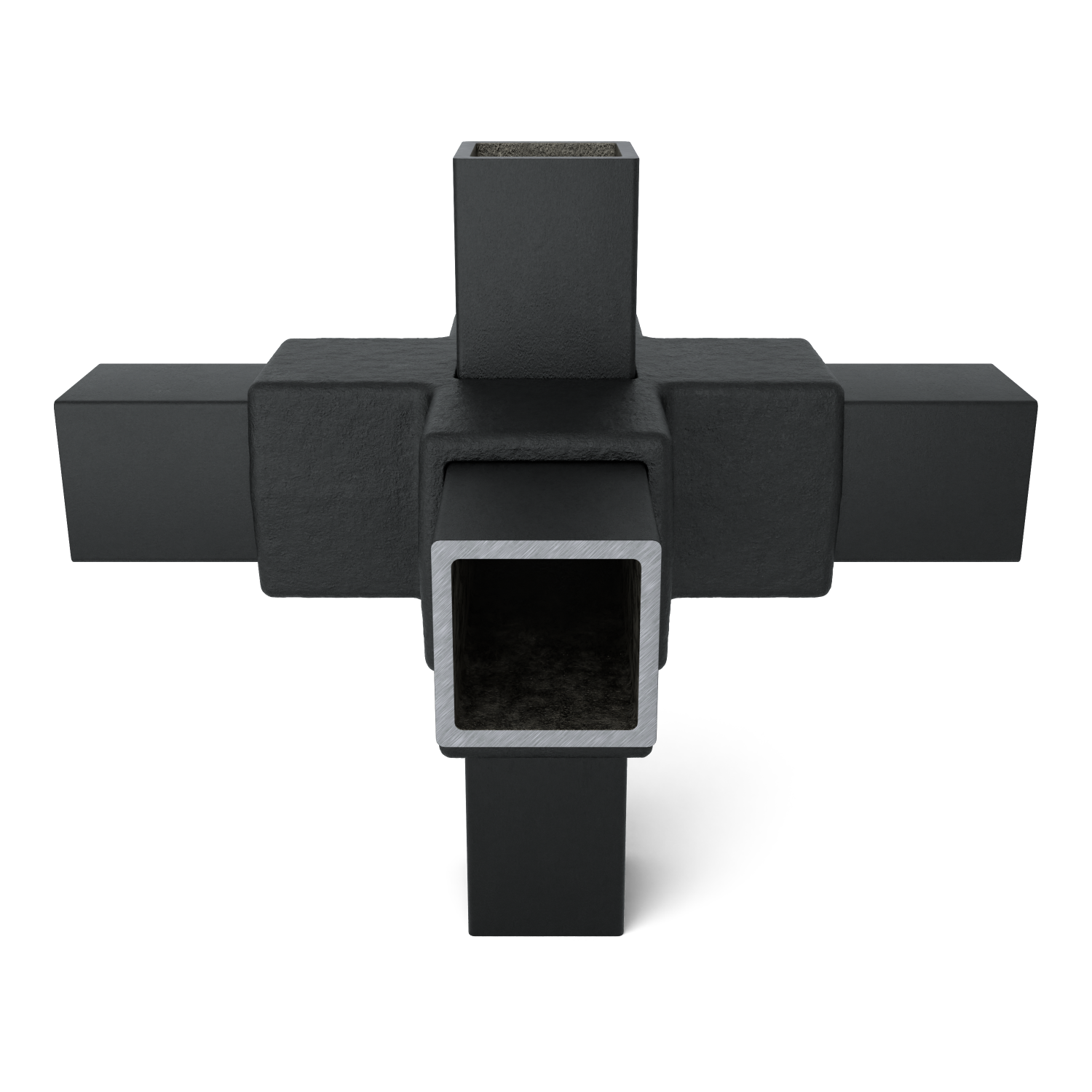 Conector tridimensional en forma de cruz fabricado con tubos cuadrados rugosos de color negro mate. Cinco tubos: uno vertical y cuatro horizontales que se ramifican formando una cruz. Extremos abiertos con superficie interior metálica brillante.