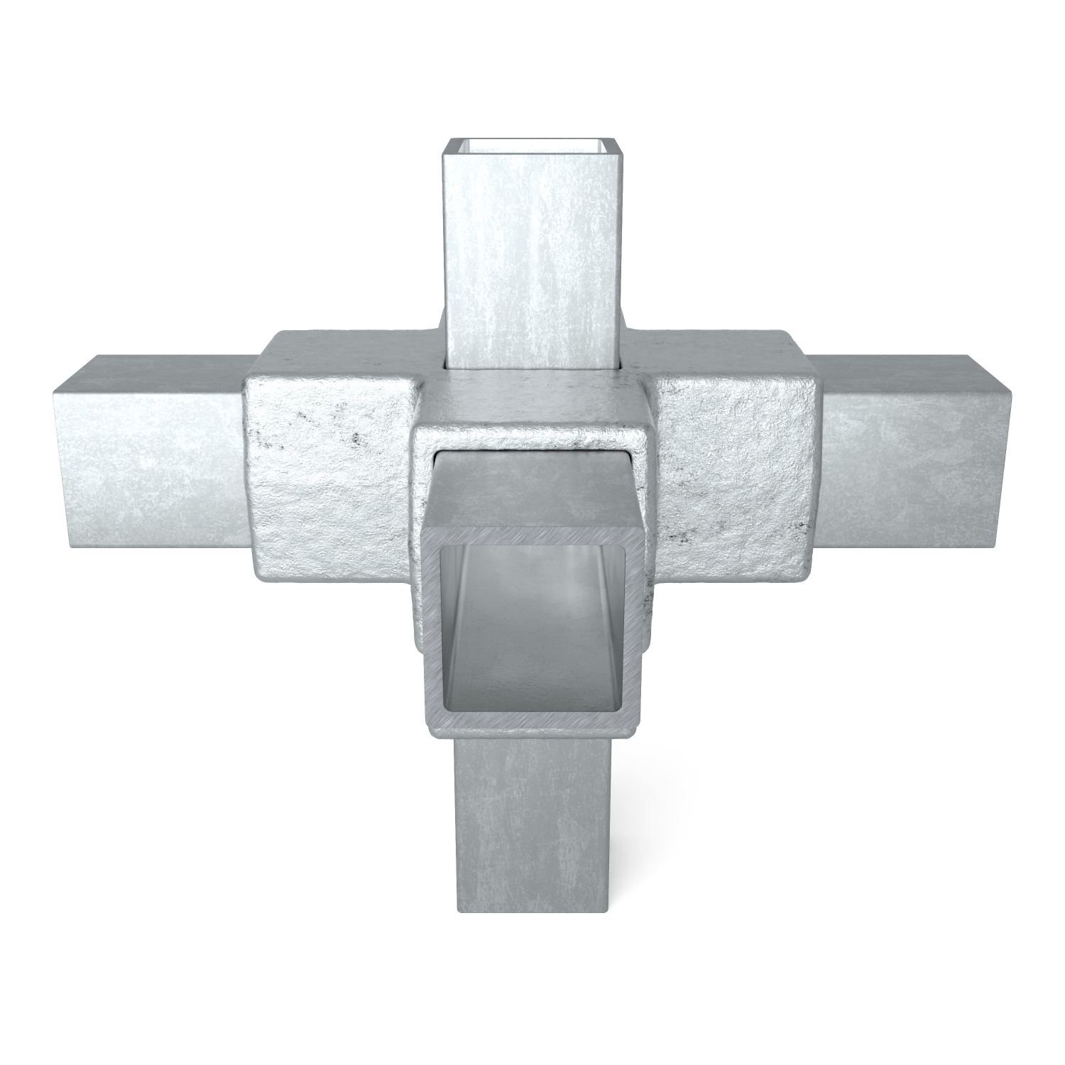 Modelo 3D detallado de un conector de tubos cuadrado de color plateado que une otros cinco tubos metálicos cuadrados en forma de cruz. Superficie exterior rugosa y irregular en el conector, interior más liso. Componente industrial.