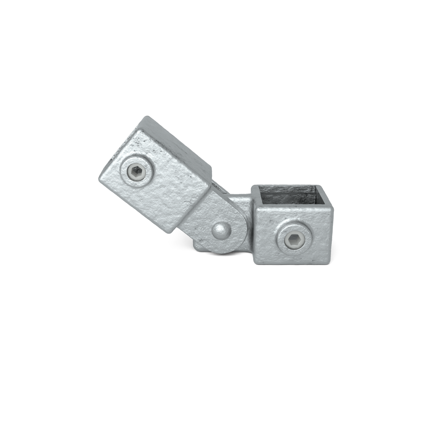 Conector de tubos ajustable de acero galvanizado con dos elementos rectangulares rugosos, unidos por una articulación. Cada elemento tiene abertura cuadrada en el extremo y tornillo de cabeza hexagonal arriba. Piezas en ángulo obtuso.