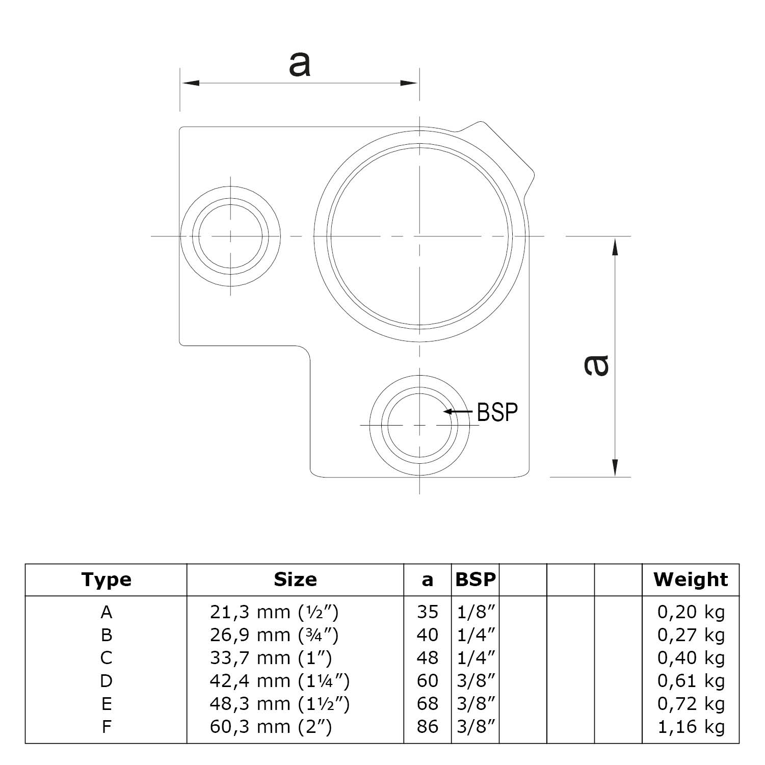 Conexión de esquina 90° continua 42,4 mm (1¼")